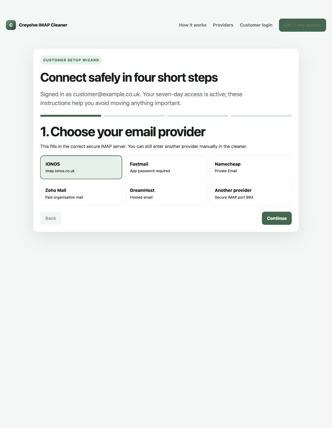 Four-step customer mailbox setup wizard